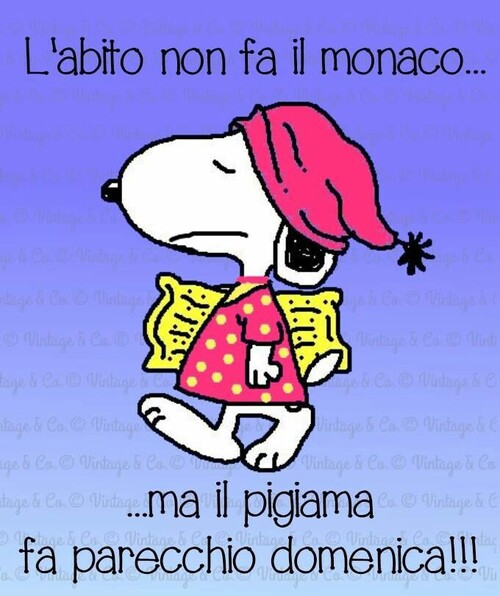 "L'abito non fa il monaco... ma il pigiama fa parecchio Domenica !!!" - Snoppy vignette divertenti