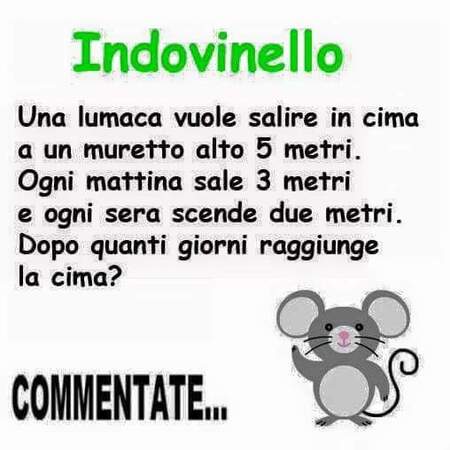 "INDOVINELLO: Una lumaca vuole salire in cima a un muretto alto 5 metri. Ogni mattina sale 3 metri e ogni sera scende due metri. Dopo quanti giorni raggiunge la cima? Commentate..."