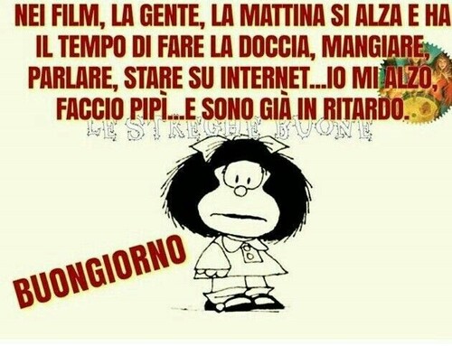 "Nel film la mattina la gente si alza e ha il tempo di fare la doccia, mangiare, parlare, stare su internet. Io mi alzo, faccio pipì e... sono già in ritardo! Buongiorno" - Mafalda