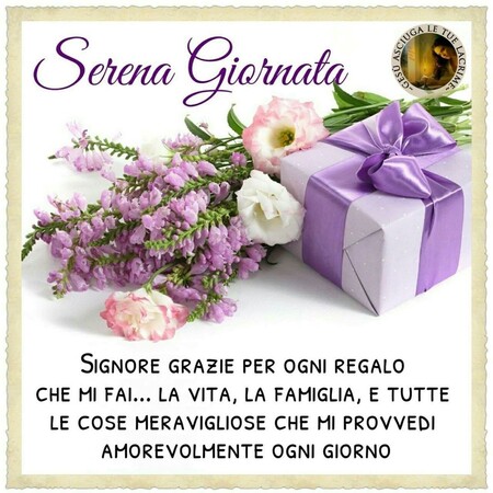 Buongiorno religioso - "Serena Giornata. Signore grazie per il regalo che mi fai... La vita, la famiglia e tutte le cose meravigliose che mi provvedi amorevolmente ogni giorno."