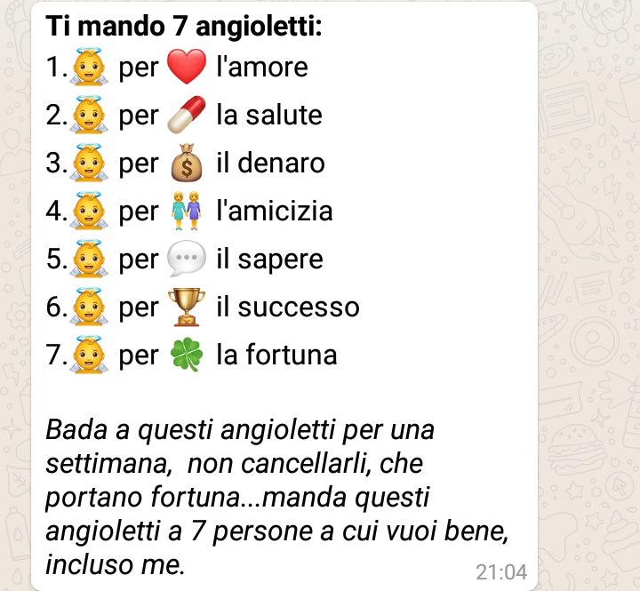 Catene Whatsapp - "Ti mando 7 angioletti: Amore, Salute, Denaro, Amicizia, Sapere, Successo, Fortuna....."