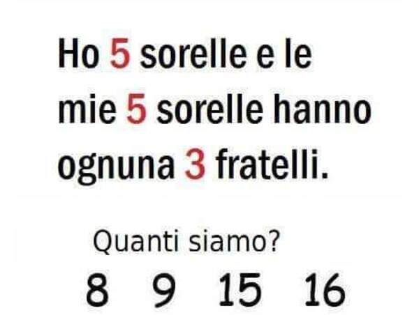 Test per gruppi Facebook - "Ho 5 sorelle e le mie 5 sorelle hanno ognuna 3 fratelli. Quanti siamo ? 8, 9, 15 o 16?"