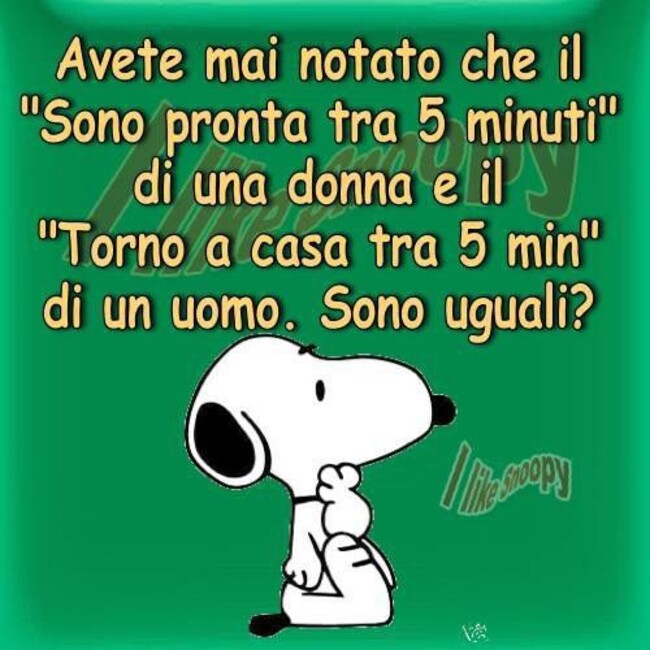 "Avete mai notato che il sono pronta tra 5 minuti di una donna e il torno a casa tra 5 minuti di un uomo sono uguali?" - immagini divertenti con Snoopy