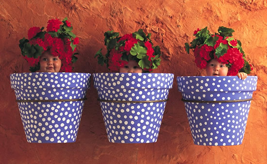 Tre bambini nei vasetti di fiori
