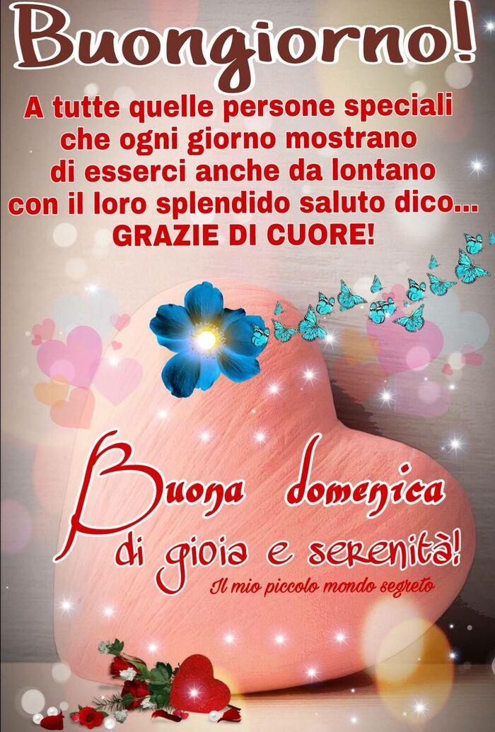 "Buongiorno! A tutte quelle Persone Speciali che ogni giorno dimostrano di esserci anche da lontano con il loro splendido saluto dico... GRAZIE DI CUORE! Serena Domenica di gioia e serenità!"