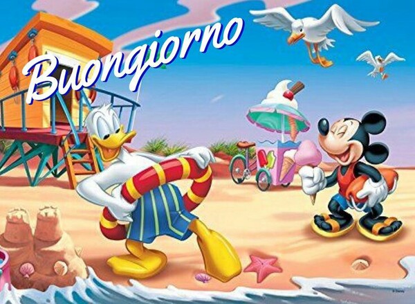 Bellissime immagini di Buongiorno in spiaggia con i personaggi Disney