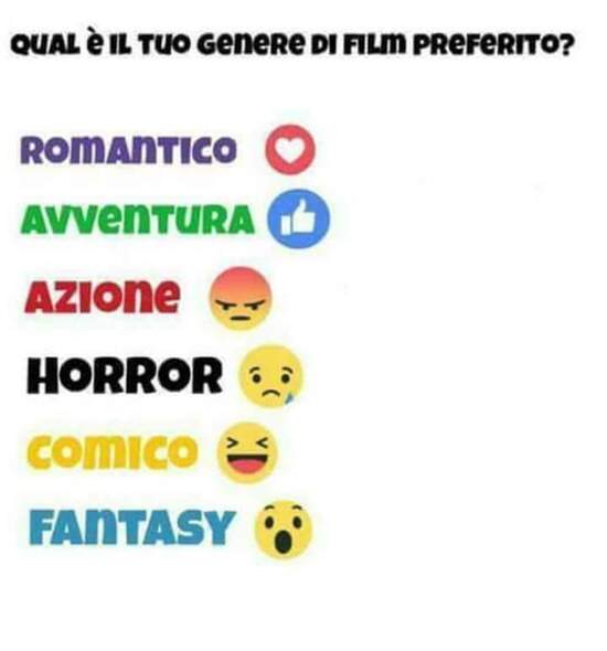 "Qual'è il tuo genere di film preferito? Romantico, Avventura, Azione, Horror, Comico, Fantasy?"