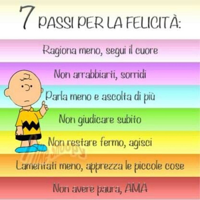 "7 passi per la Felicità: Ragiona meno, segui il Cuore; Non arrabbiarti, sorridi....."